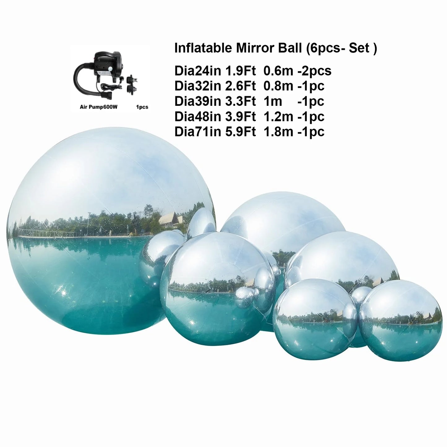 Inflatable Mirror Balls Set of 6 Shiny Silver Airtight Giant Mirror Balloon Hanging PVC Sealed Sphere Ball for Party Decoration