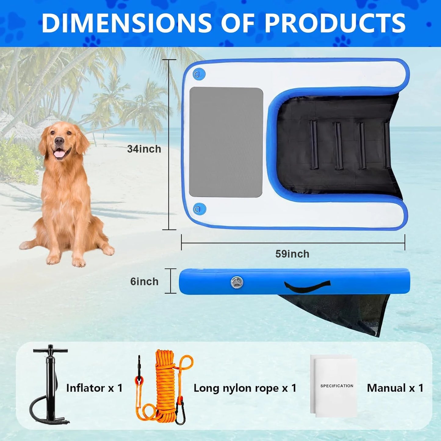 59 Inch Inflatable Dog Pool Ramp Dog Boat Ramp Non Slip EVA Floating Ramp for Dogs Water Ladder Steps for Pool Lake Boats