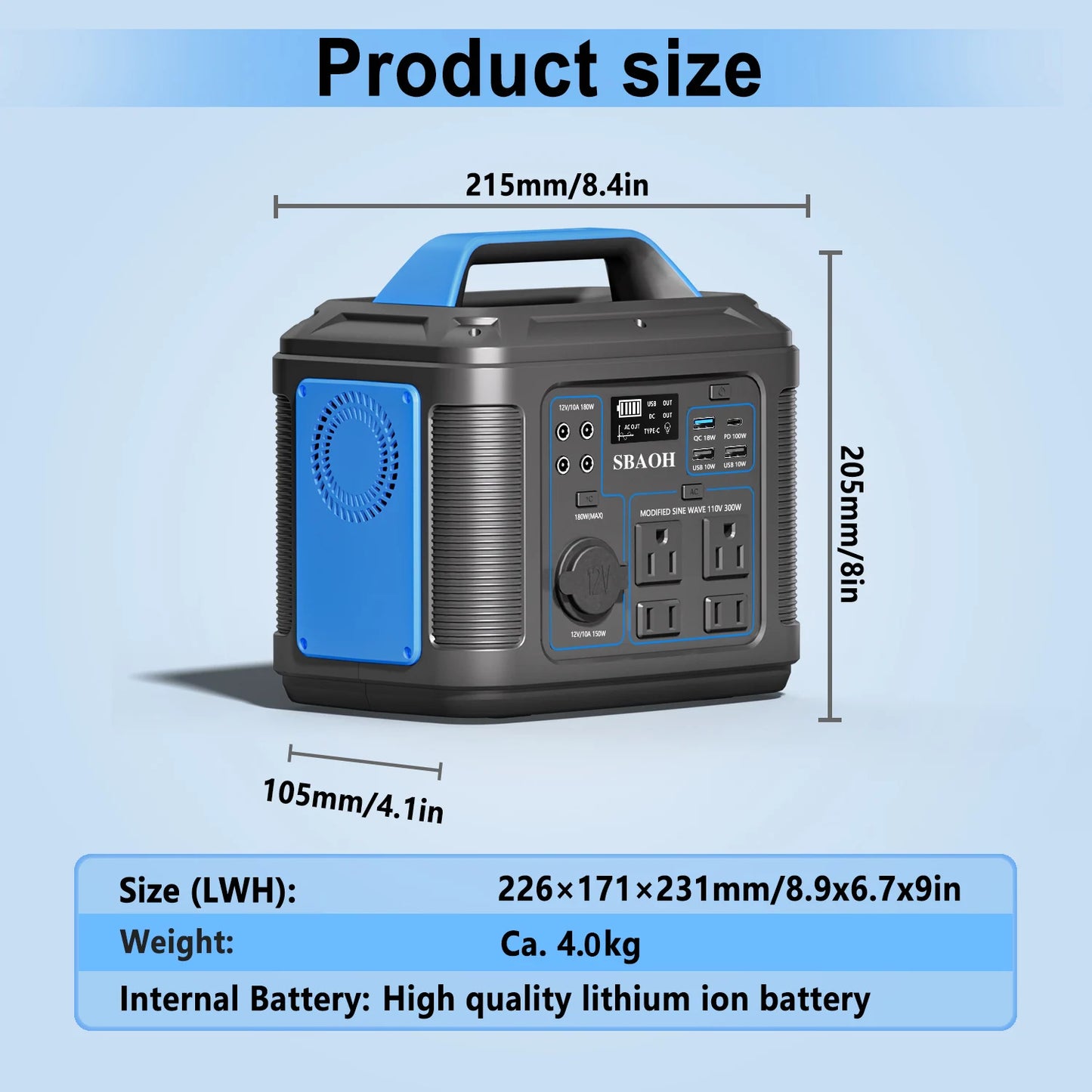 300W Portable Power Station 296Wh 100W USB C PD AC