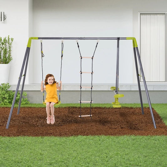 3 In 1 Kids Metal Swing Set For Backyard With Swing Seat Glider And Climbing Ladder Heavy Duty Metal Frame For 4 Children