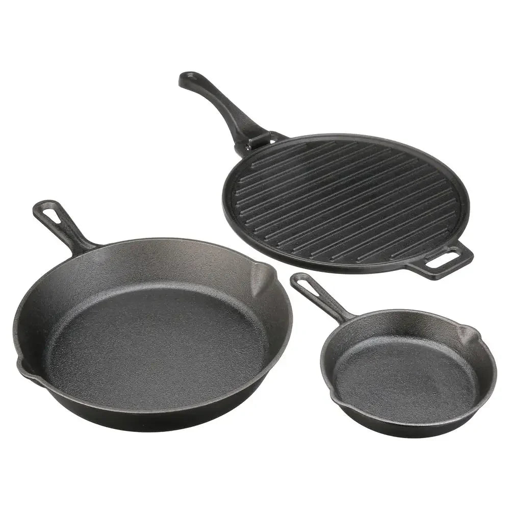 Pre Seasoned 4 Piece Cast Iron Skillet Set with Handles and Griddle Durable Loop Easy Pour Lip Superior Cooking