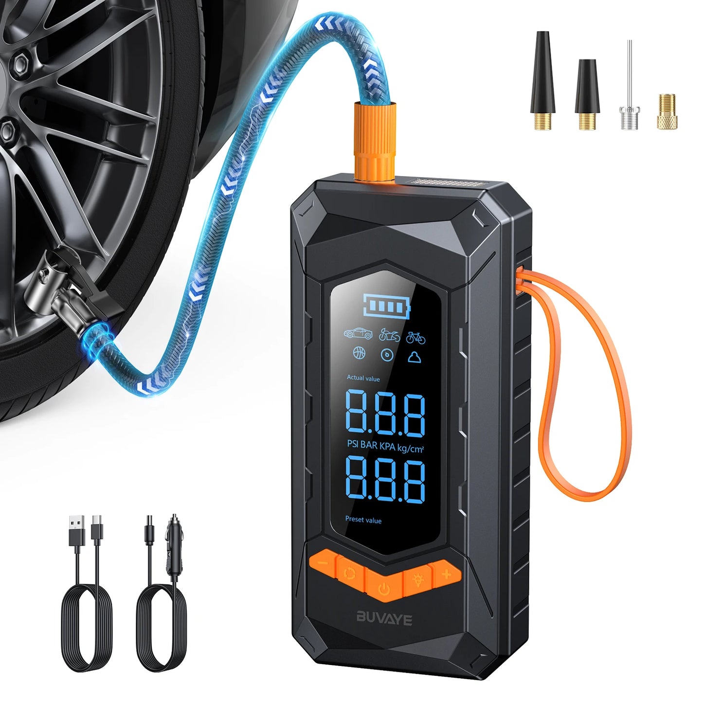 BUVAYE Portable Tire Inflator Wired Wireless Car Pump