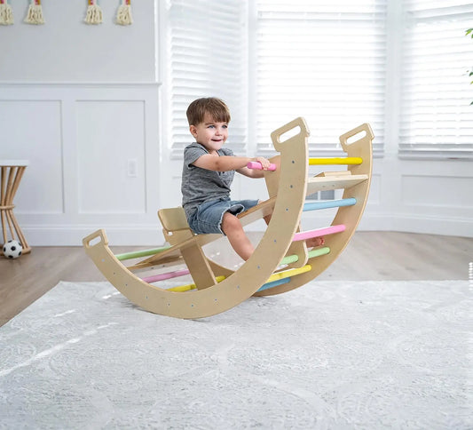 Bailis Ultimate 3 in 1 Playset for Kids Seesaw Climbing Arch and Rocker Montessori Waldorf Climbing Toy for Children Ages 2 to 6