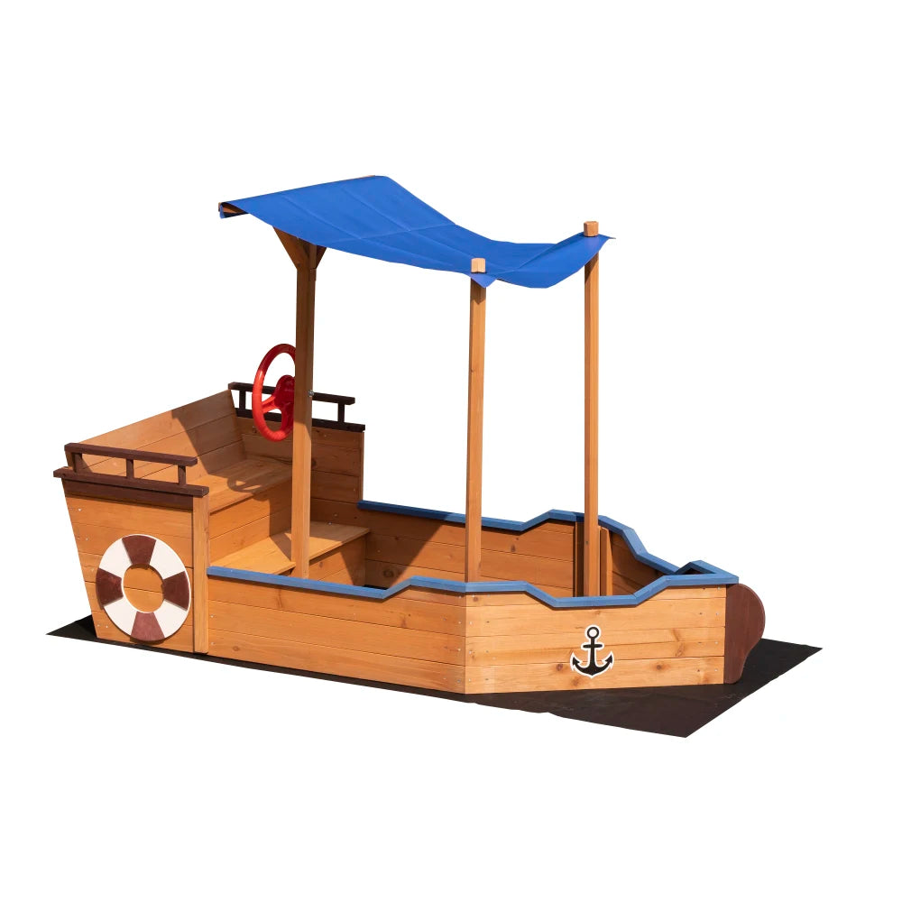 Outsunny Pirate Ship Sandbox with Cover and Rudder Wooden Sandbox with Storage Bench and Seat Outdoor Toy for Kids Ages 3 to 8