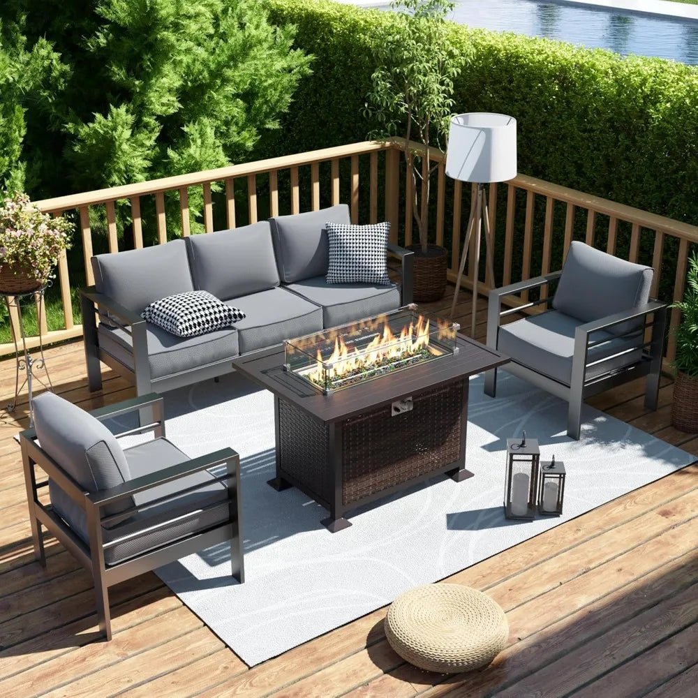 Patio Furniture Set with Fire Pit Table 6 Pcs Aluminum Outdoor Sectional Metal Modern Sofa Set