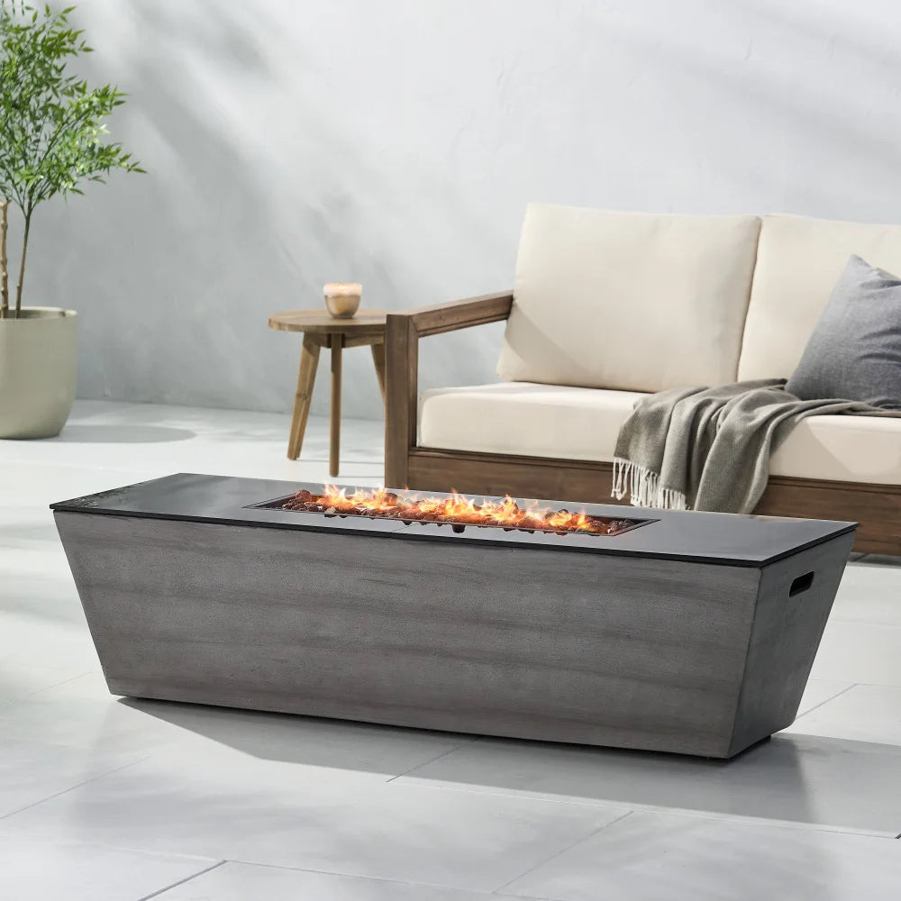 56 Inch Rectangle Magnesium Oxide Fire Pit 50000 BTU Black and Gray