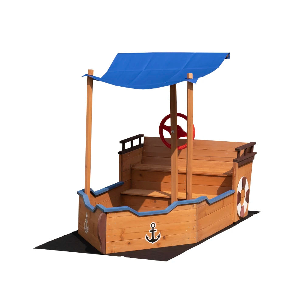Outsunny Pirate Ship Sandbox with Cover and Rudder Wooden Sandbox with Storage Bench and Seat Outdoor Toy for Kids Ages 3 to 8