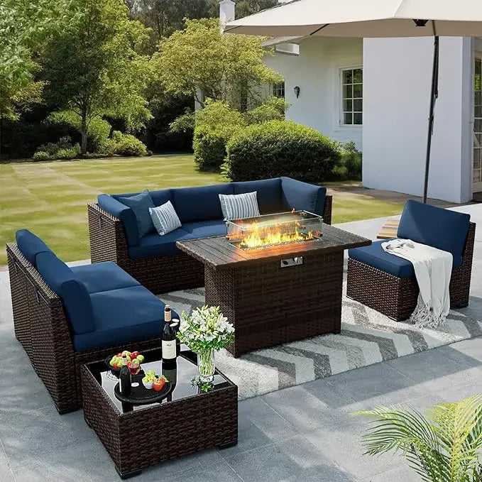 8 Pieces Outdoor Patio Furniture Set with 44 Inch Fire Pit Table Rattan Sectional Conversation Set with Gas Fire Pit