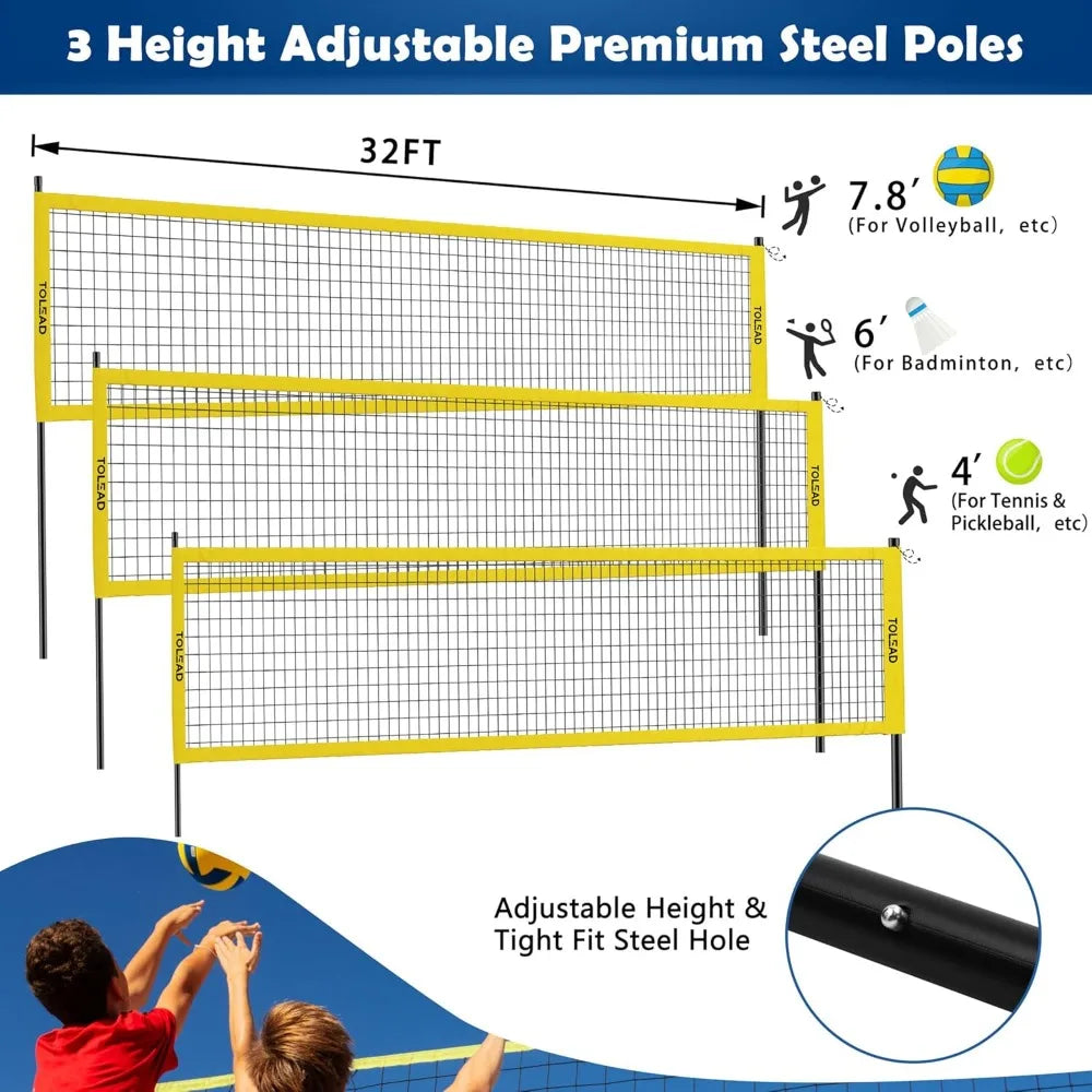 Portable Volleyball Net Set with Height Adjustable Poles Volleyball Ball Pump Boundary Line and Carrying Bag for Outdoor Use