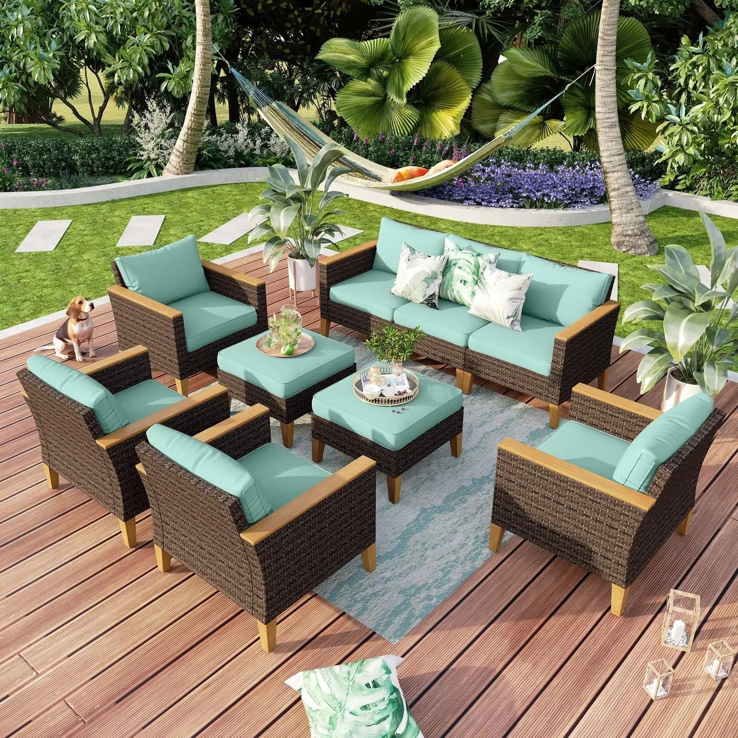 9 Piece Wicker Patio Furniture Set with 56 Inch Fire Pit Table All Weather PE Rattan Sectional Sofa Conversation Set