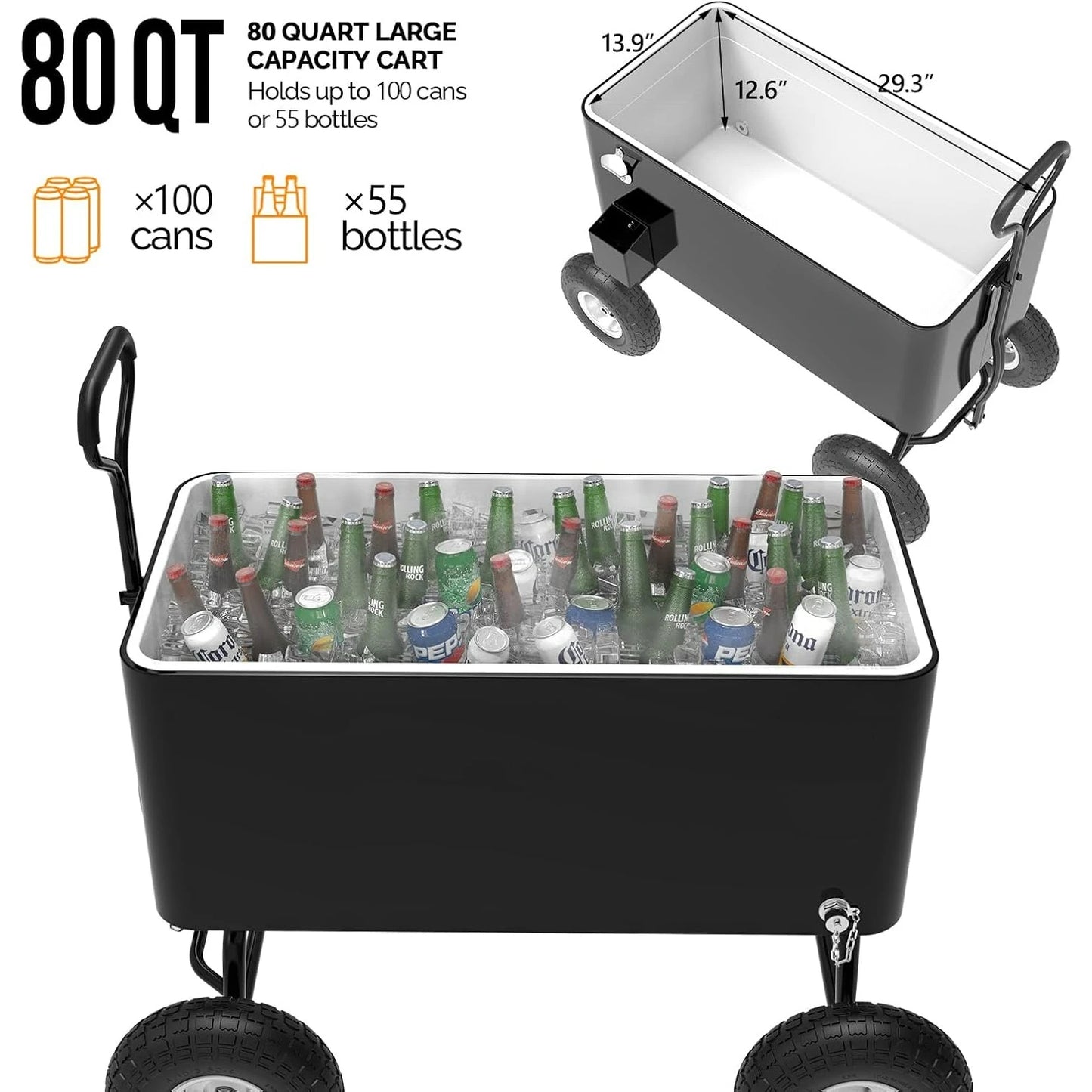 80 Quart Wagon Rolling Cooler Ice Chest with Long Handle and 10 Inch Wheels Portable Beach Patio Party Bar Cold Drink Beverage