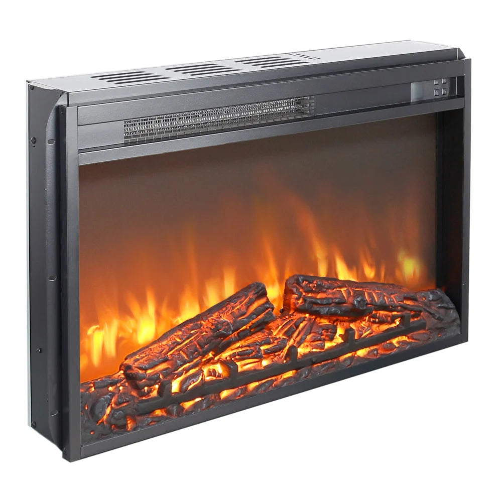 26 Inch Electric Fireplace Insert Ultra Thin Heater With Log Set Realistic Flame Remote Control Timer Overheating Protection
