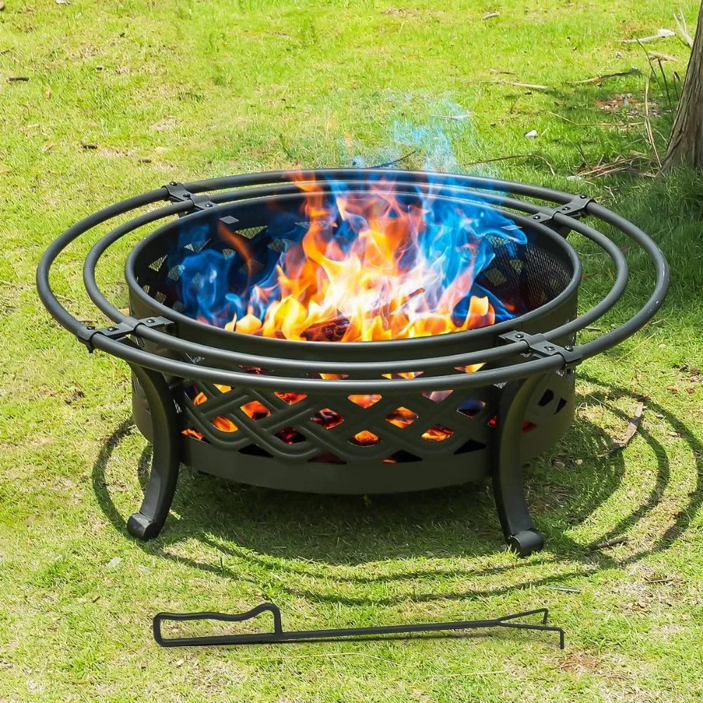 42 Inch Outdoor Wood Burning Fire Pit with Spark Screen and Fire Poker Round Metal Crossweave Design
