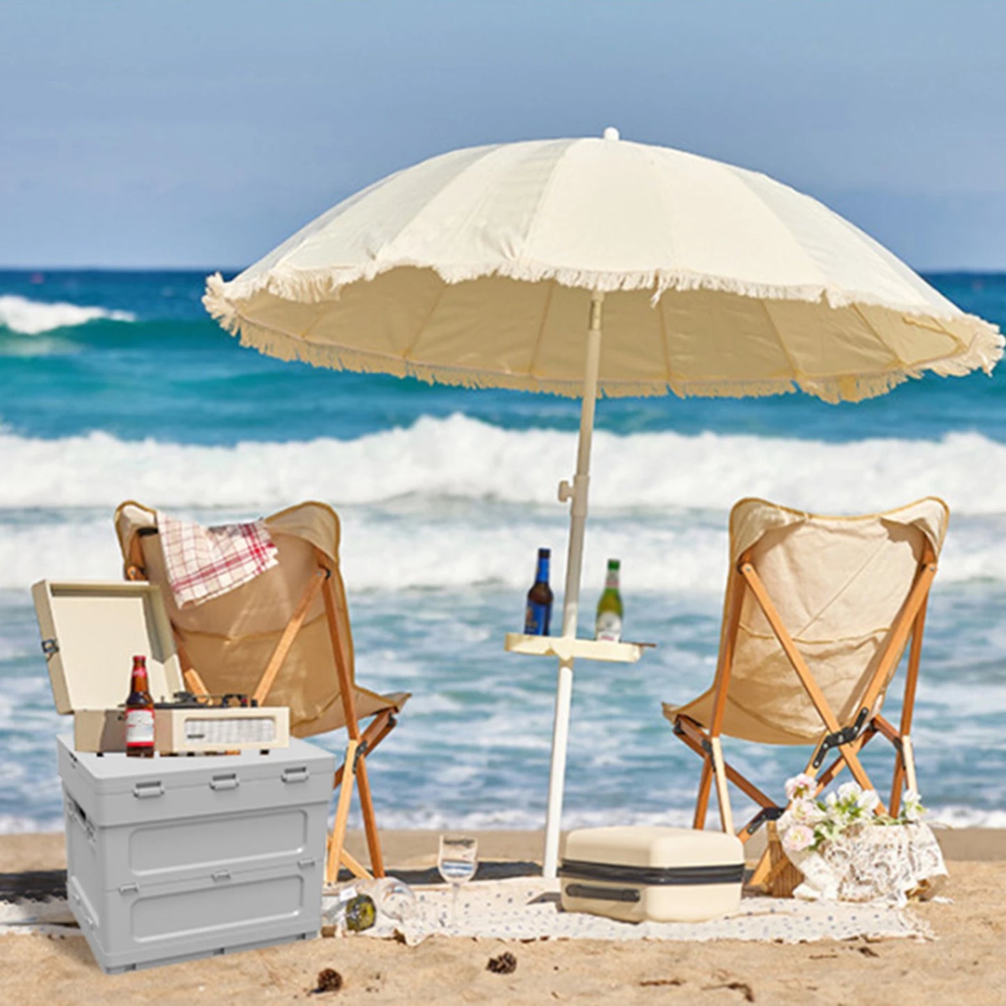 Portable Picnic Table With Cooling Feature Large Capacity Storage Container And Parking Warning Sign For Camping Outdoor