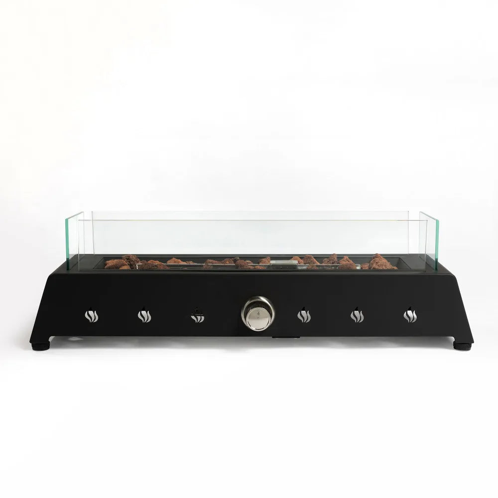 28 Inch Portable Tabletop Propane Fire Pit with Glass Wind Guard and Lava Rock Outdoor Steel Firepit