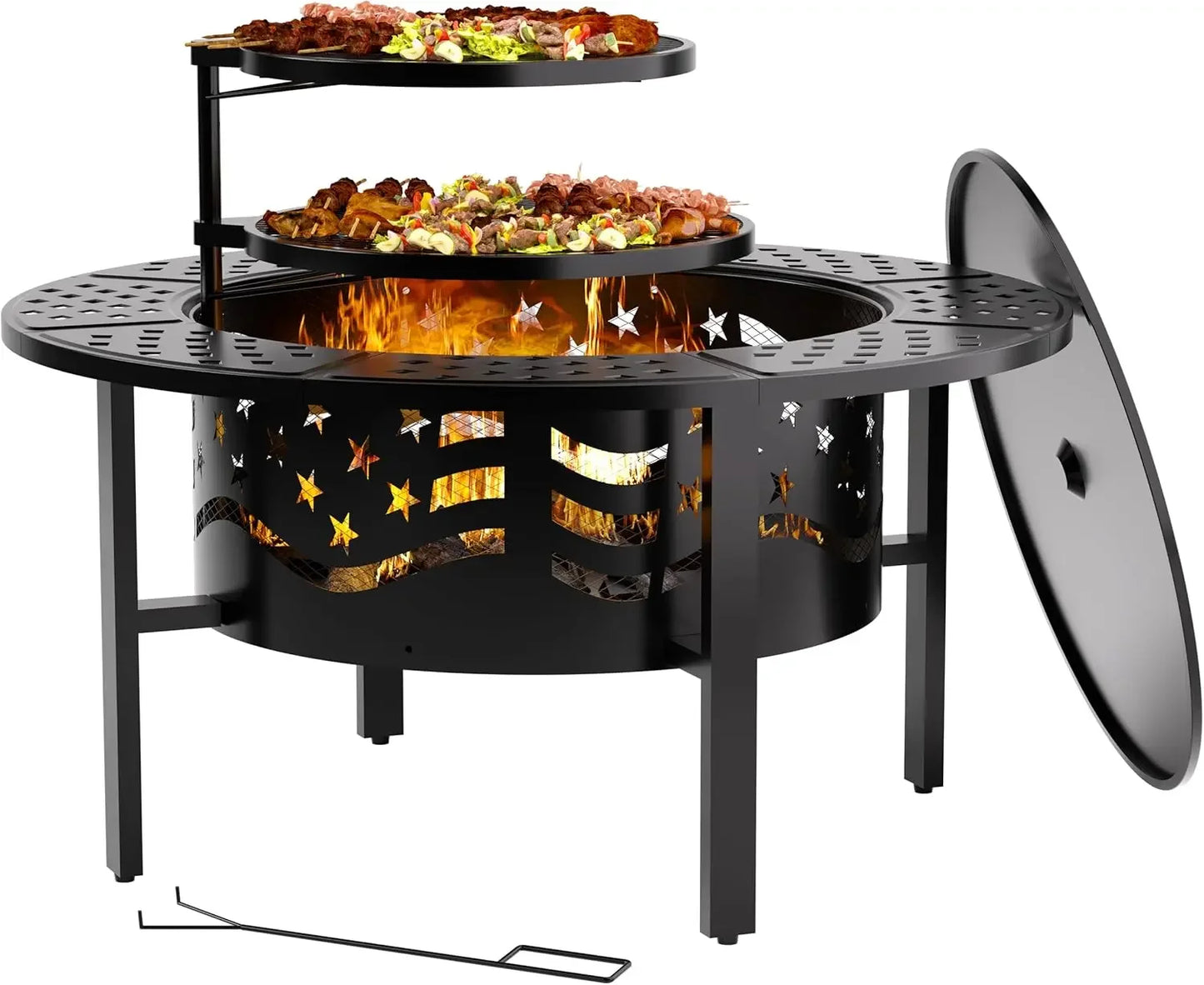 42 Inch Outdoor Fire Pit with Dual Grills Wood Burning Heavy Duty Metal Firepit Large Round with Cover and Poker