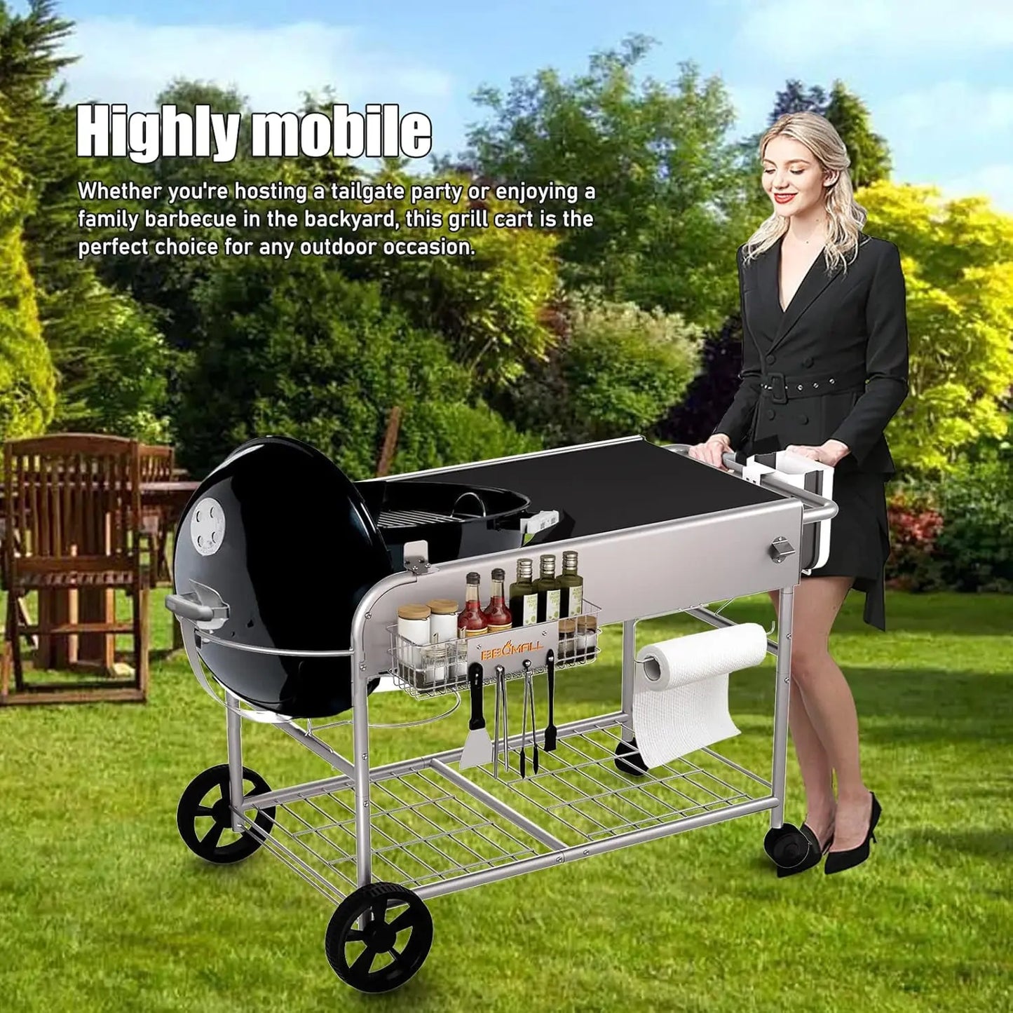 Grill Table Stand Cart for Weber 22 Inch and 18 Inch Original Kettle Jumbo Joe and Master Touch Charcoal Grill Outdoor Prep Table Cooking Station