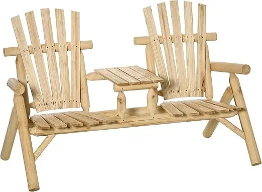 2-Seat Wooden Adirondack Chair Patio Bench with Table Outdoor Loveseat Fire Pit Chair for Porch Backyard Deck Carbonized Wood
