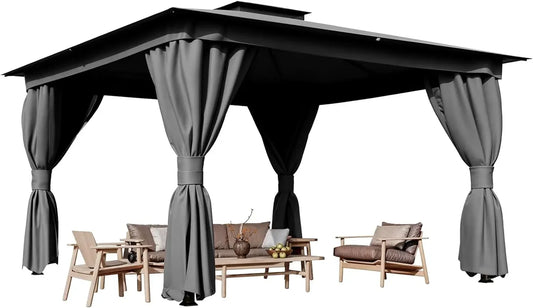 Outdoor 10x13 Grey Gazebo Metal Frame Double Roof Curtains