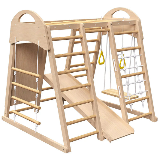7 in 1 Indoor Jungle Gym Playset for Kids 2 to 6 Years Slide Climbing Wall Swing Monkey Bars Montessori Wooden Playground