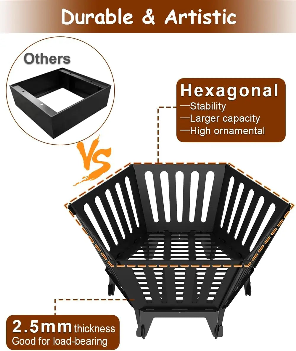 22.5 Inch Portable Hexagonal Wood Burning Fire Pit with Carrying Bag for Camping and Outdoor Patio