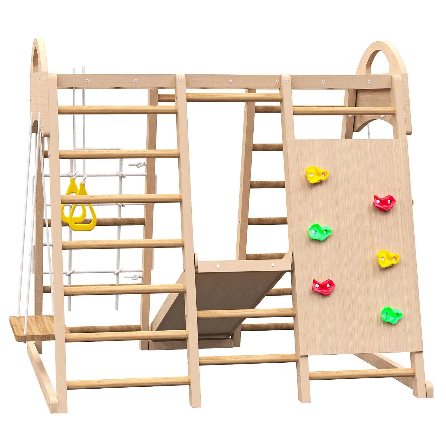7 in 1 Indoor Jungle Gym Playset for Kids 2 to 6 Years Slide Climbing Wall Swing Monkey Bars Montessori Wooden Playground