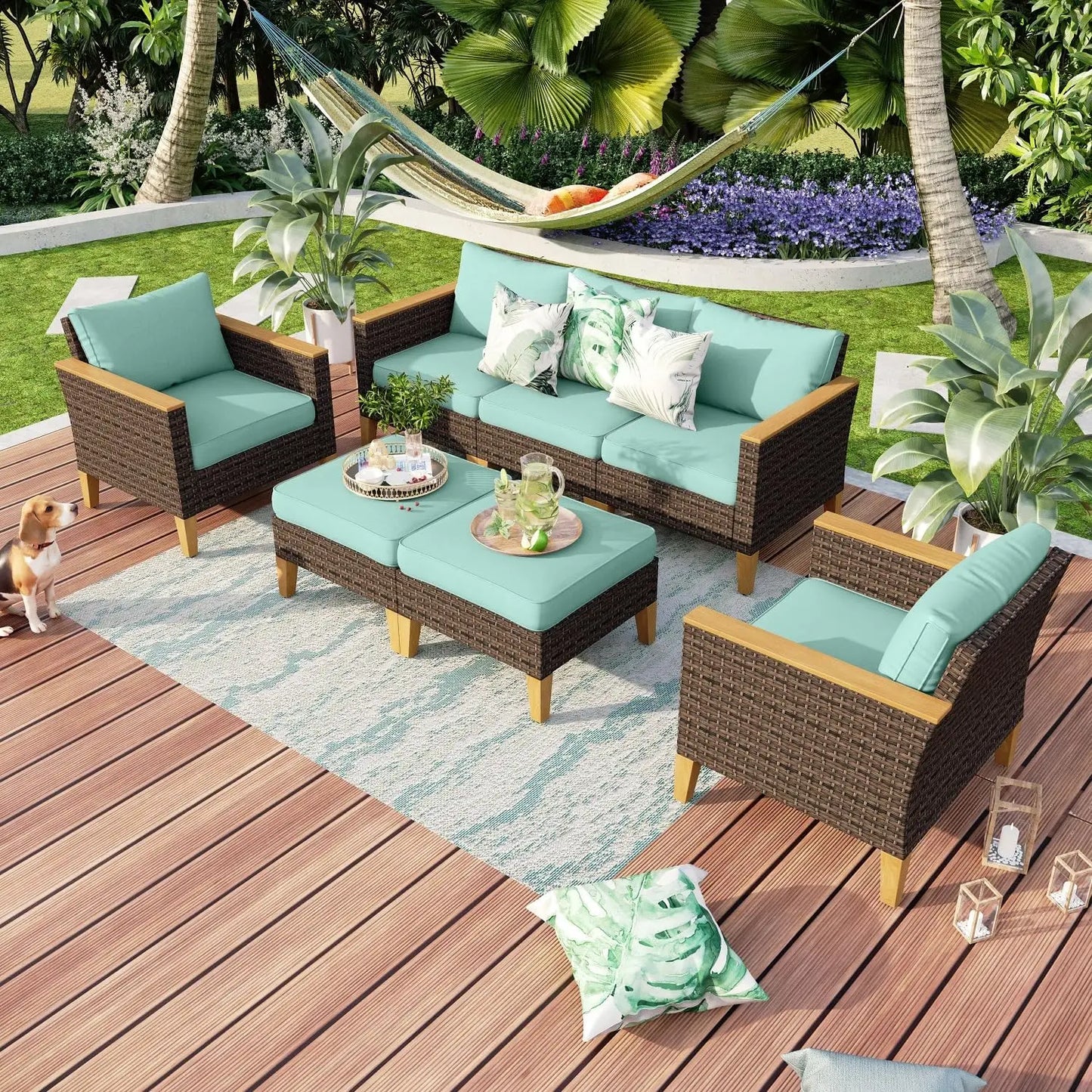 9 Piece Wicker Patio Furniture Set with 56 Inch Fire Pit Table All Weather PE Rattan Sectional Sofa Conversation Set