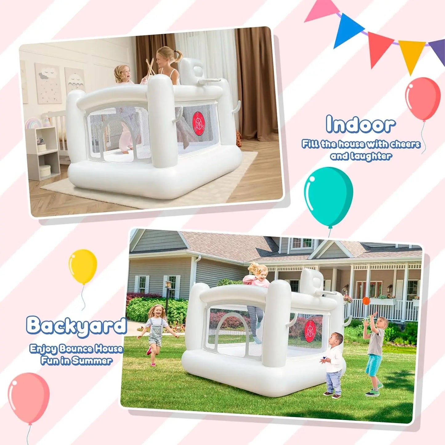 White Bounce House with Pump Kids Ball Pit Inflatable Trampoline for Kids 3 to 6 Years Indoor or Outdoor Playhouse