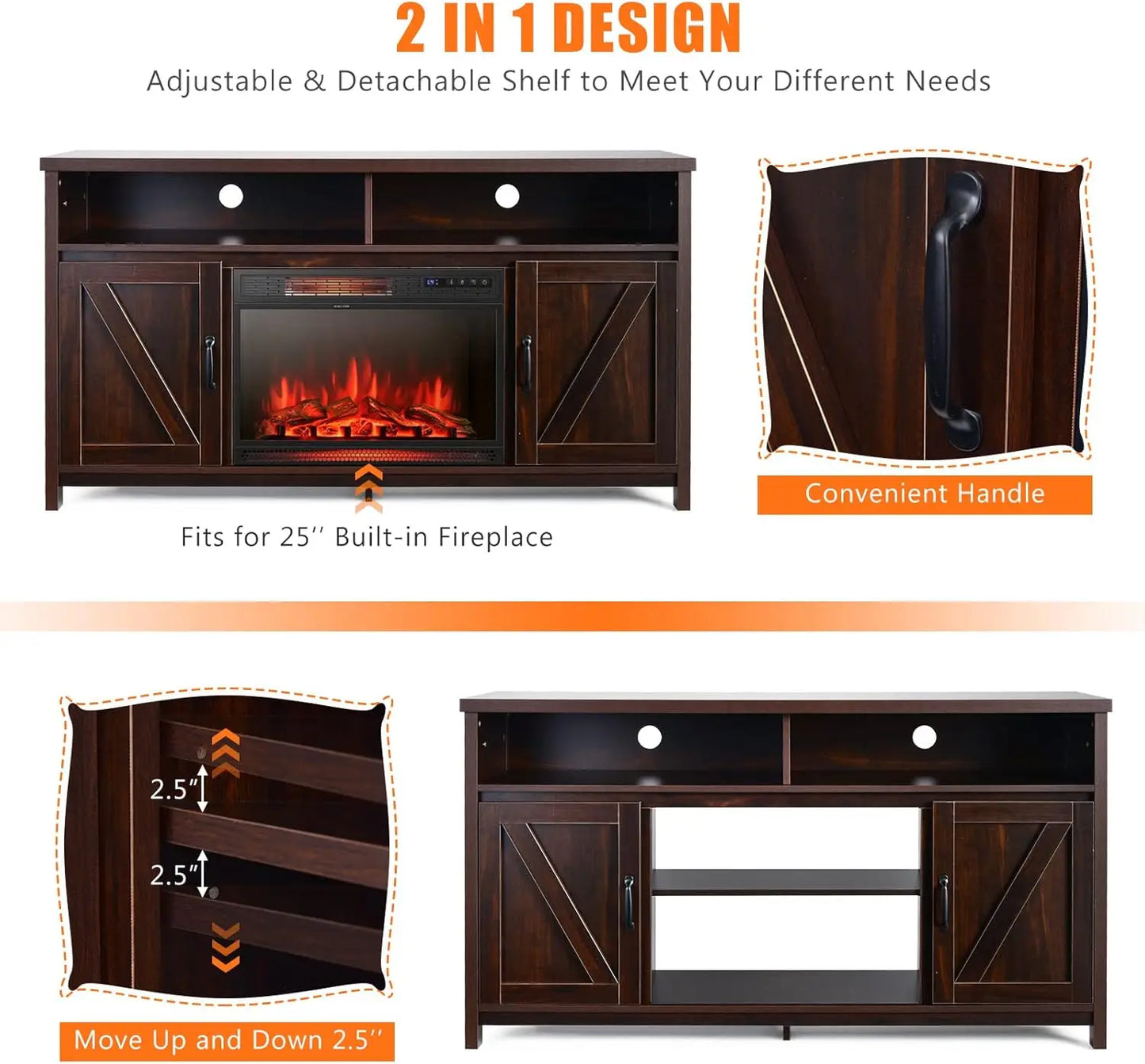 Electric Fireplace TV Stand with 25 Inch 1350W Recessed Faux Fireplace 3 Flame Settings 4 Brightness Remote Control
