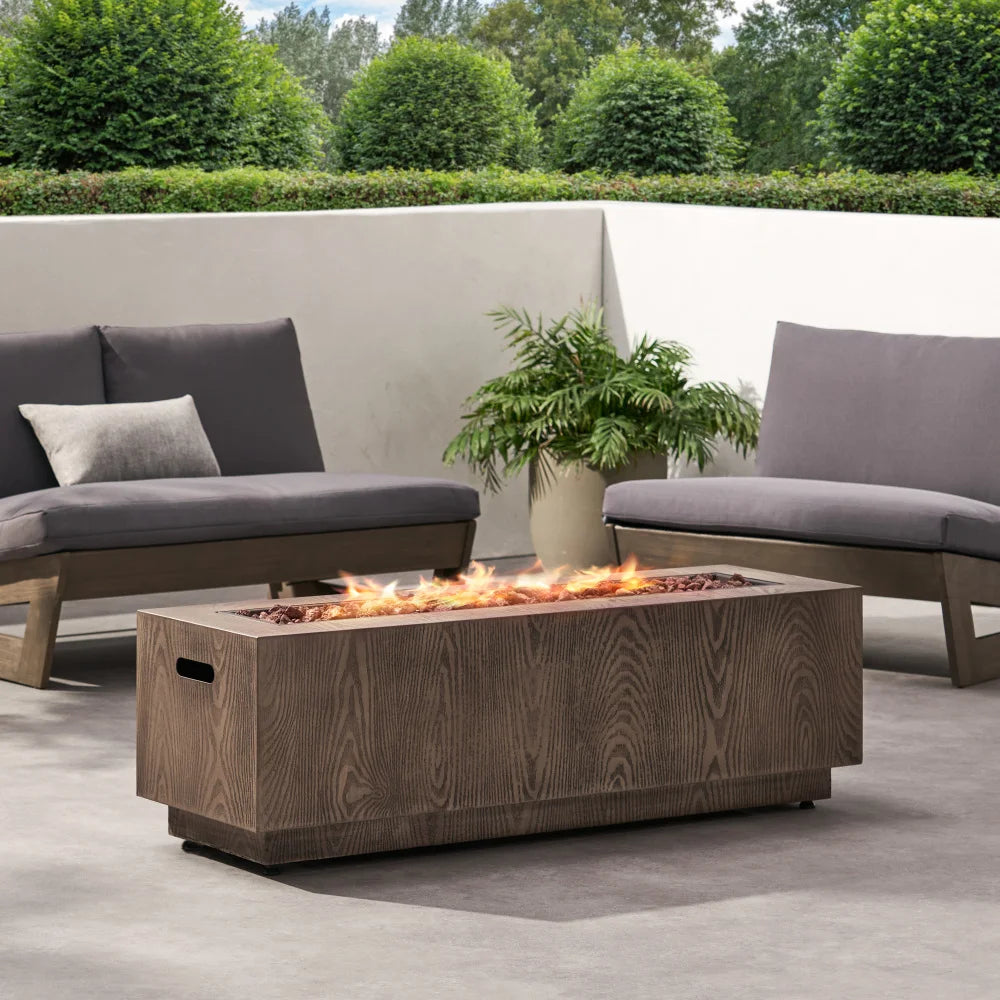 48 Inch Outdoor 50000 BTU Rectangular Iron Propane Fire Pit Brown Wood Pattern