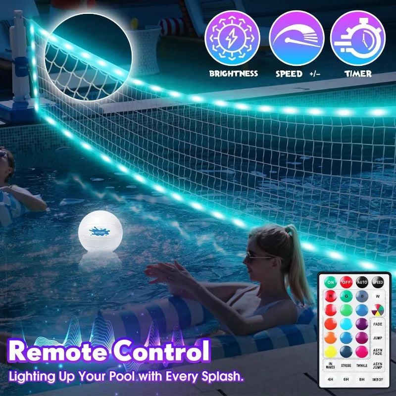 2 in 1 LED Pool Volleyball and Basketball Game Set Light Up Pool Sport Combo Set with 14 Inch LED Rim 4 Glow Balls 2 Base Pump
