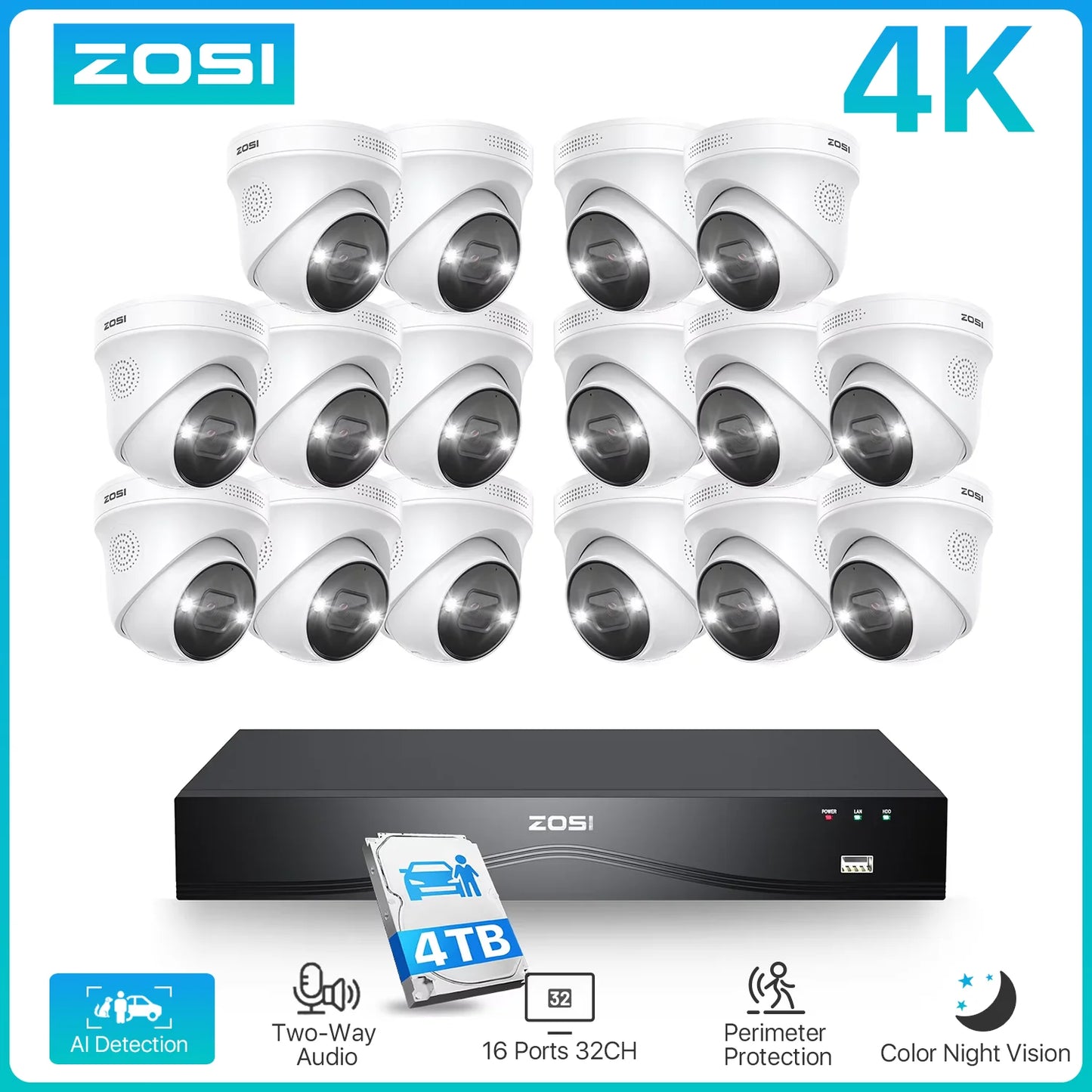 ZOSI 4K 8MP PoE 32CH NVR Camera System With AI 4TB Plus