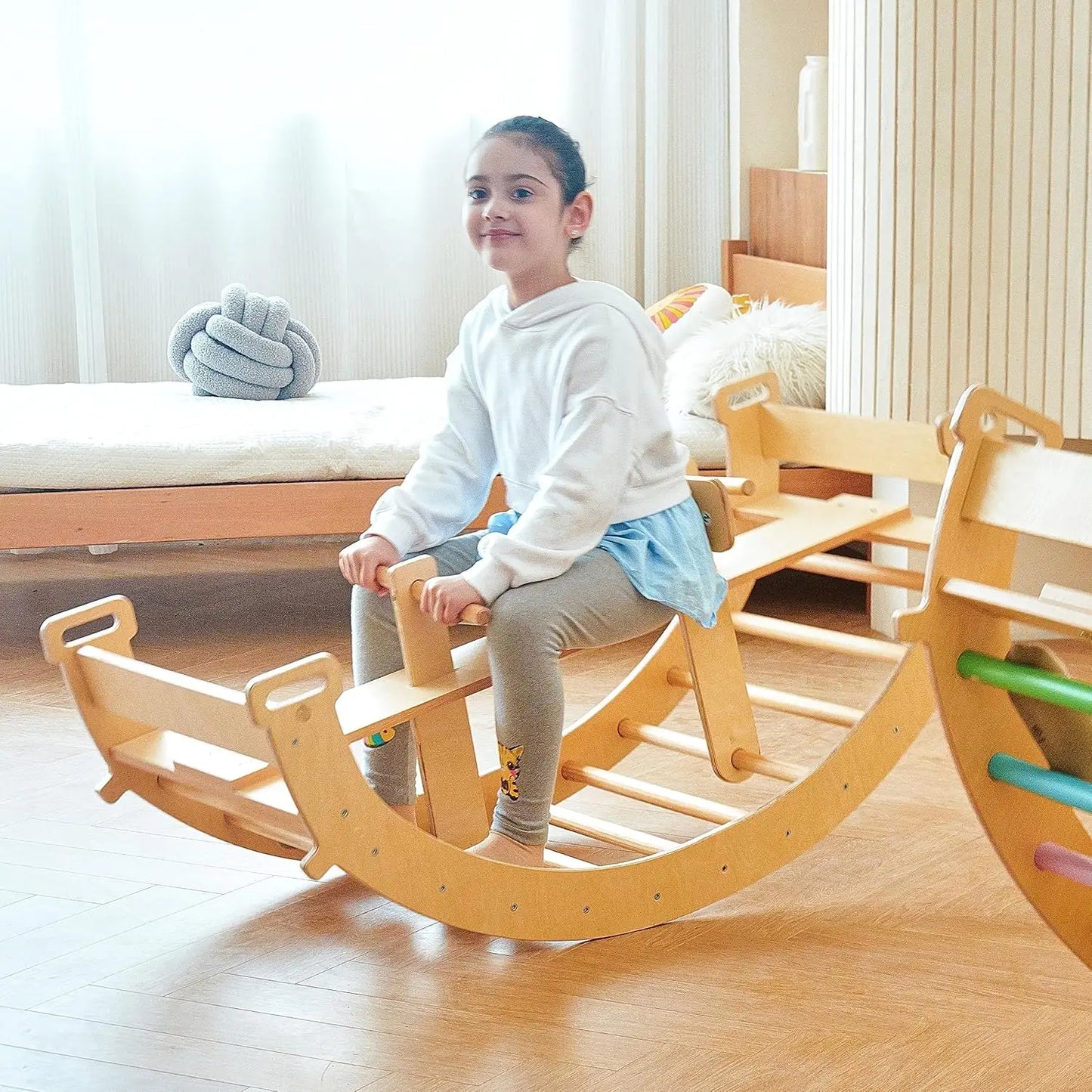 Bailis Ultimate 3 in 1 Playset for Kids Seesaw Climbing Arch and Rocker Montessori Waldorf Climbing Toy for Children Ages 2 to 6