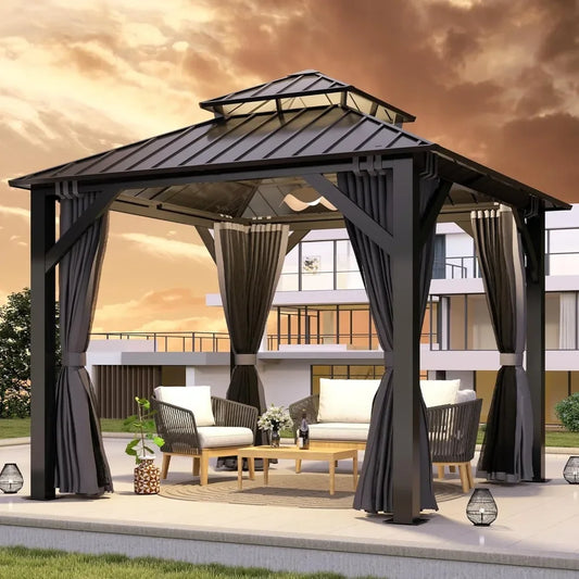 Outdoor Hardtop Gazebo Double Roof Aluminum Steel Netting