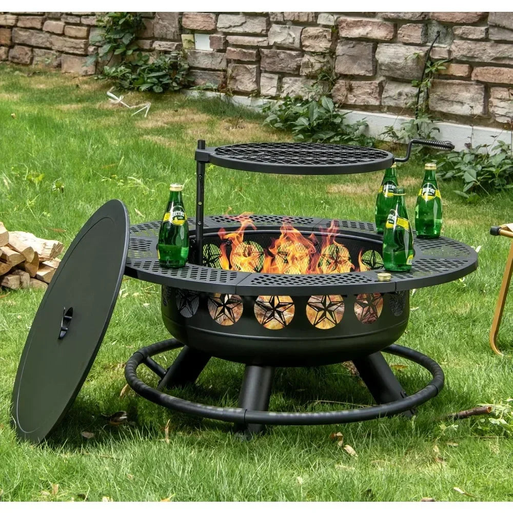 36 Inch Outdoor Wood Burning Fire Pit with Cooking Grill and Lid 3 in 1 Backyard BBQ Bonfire