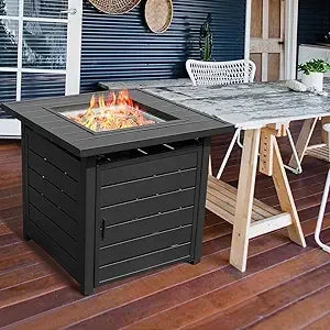 28 Inch Propane Fire Pit Table Outdoor Gas Firepit with Lid and Lava Rock 50000 BTU Square Modern Iron Fire Pit for Dining and Parties