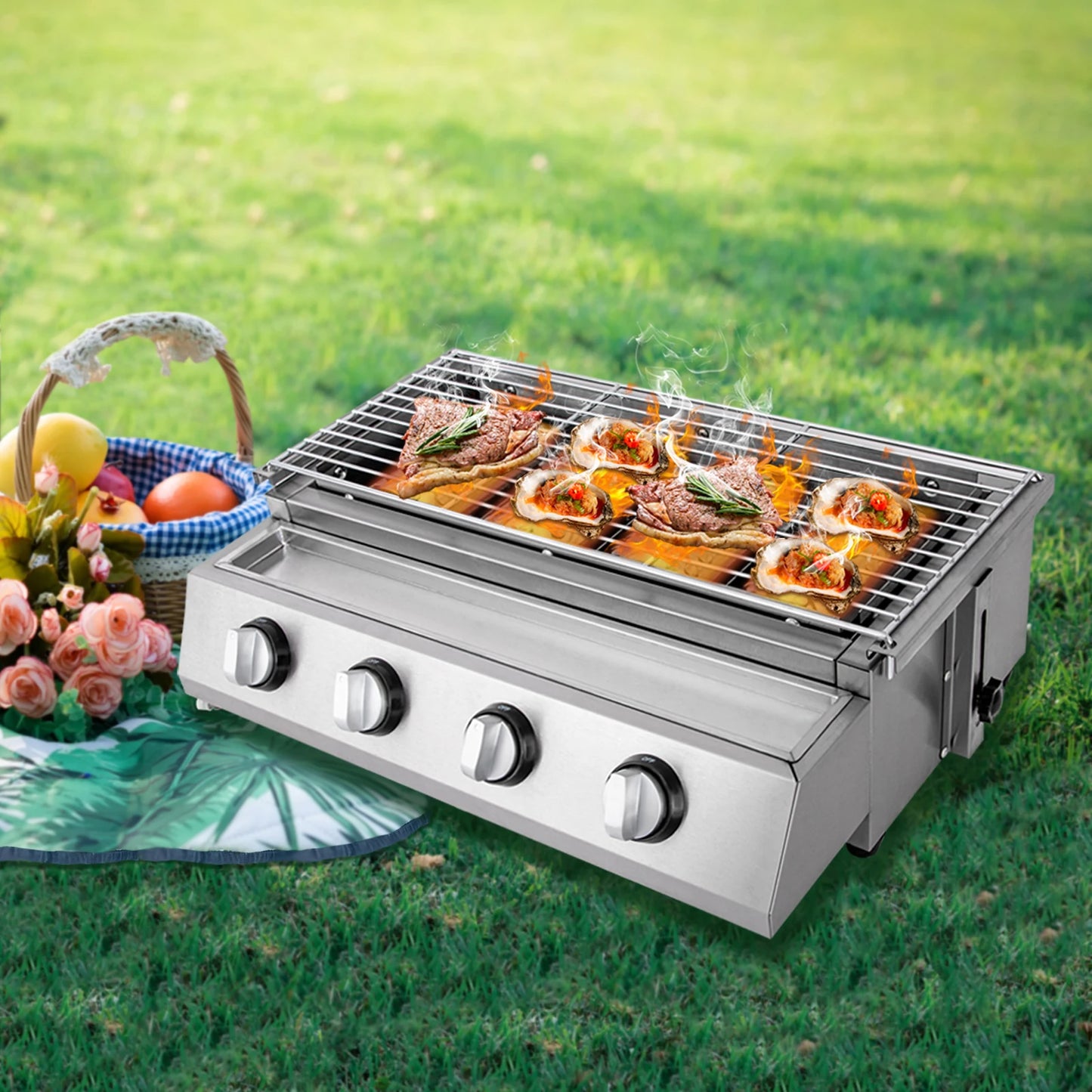 Stainless Steel Smokeless Barbecue Grill 4 Burners LPG Gas Portable Outdoor Patio Garden Grill