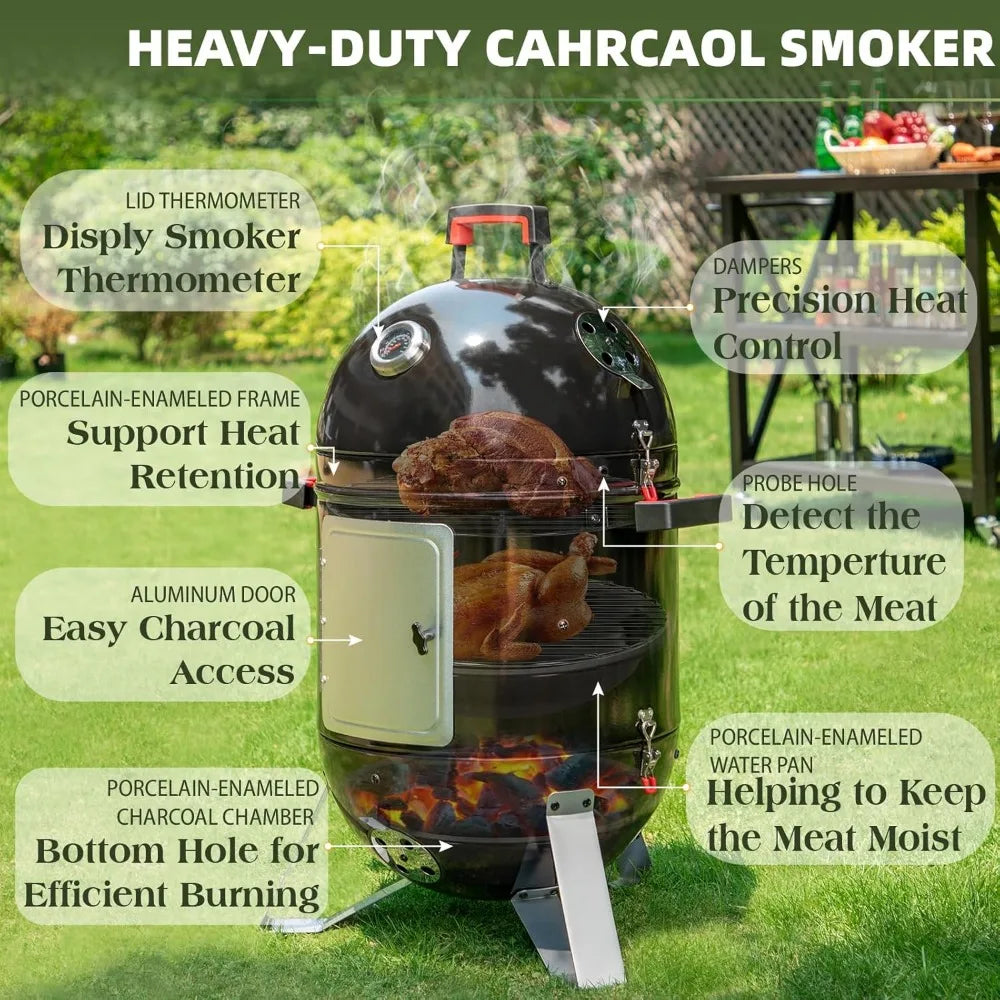 Sophia And William 18 Inch Vertical Charcoal Smoker BBQ Grill With Porcelain Enameled Smoking Chamber And Two Layer Smoking Shelves