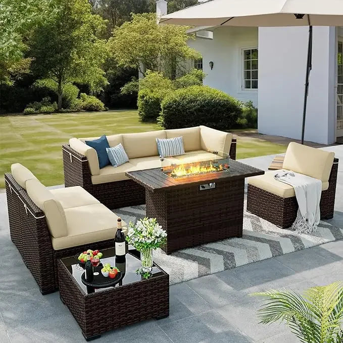 8 Pieces Outdoor Patio Furniture Set with 44 Inch Fire Pit Table Rattan Sectional Conversation Set with Gas Fire Pit