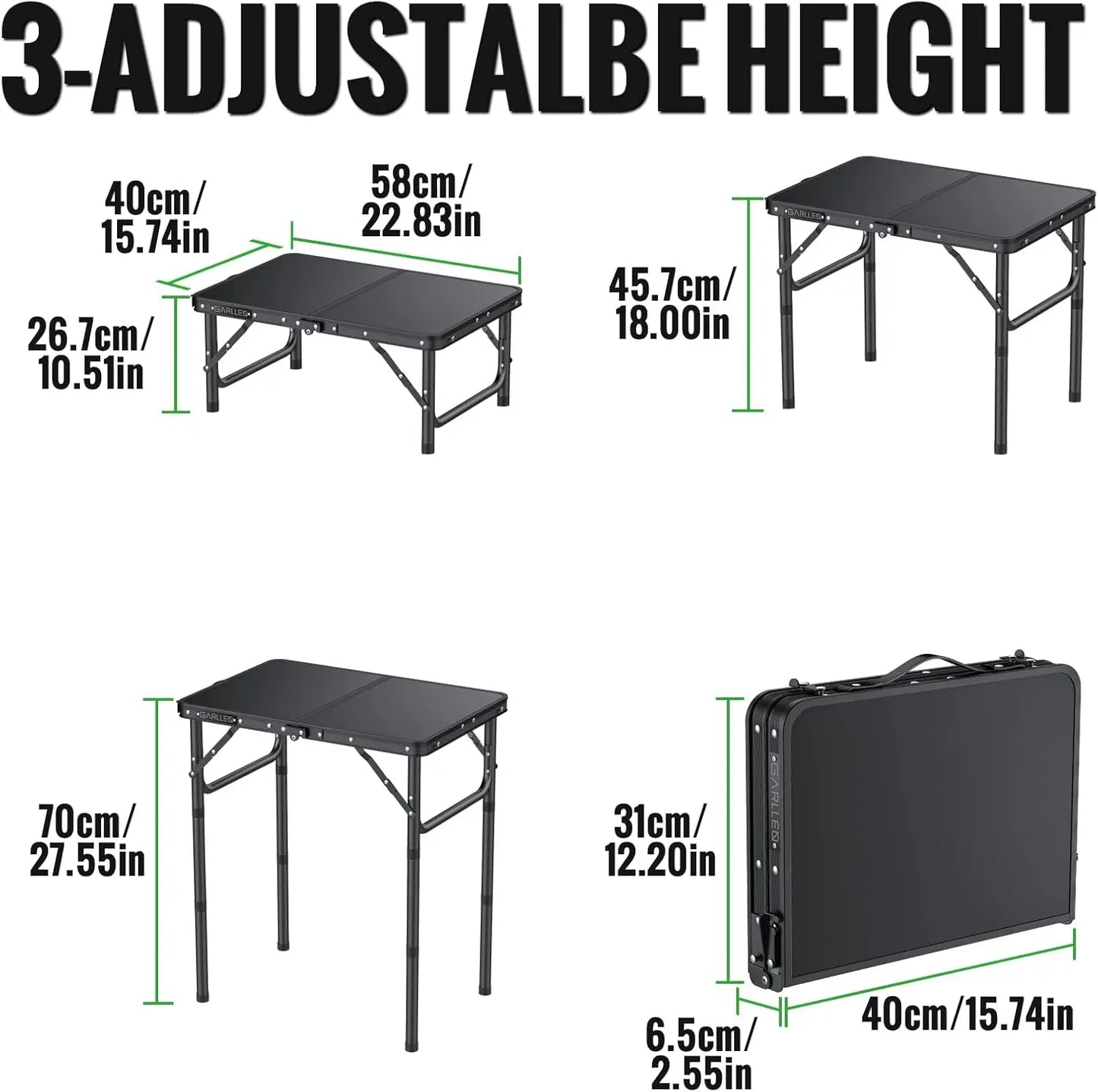 2ft Folding Camping Table 3 Height Adjustable Portable Aluminum Outdoor BBQ Table Black