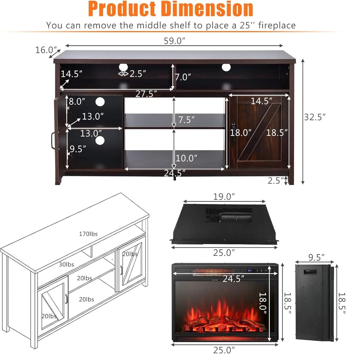 Electric Fireplace TV Stand with 25 Inch 1350W Recessed Faux Fireplace 3 Flame Settings 4 Brightness Remote Control