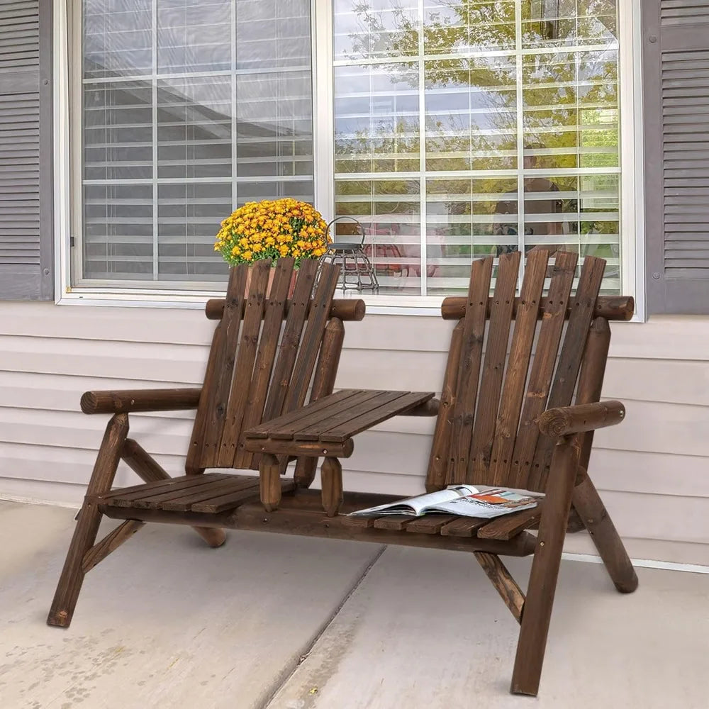 2-Seat Wooden Adirondack Chair Patio Bench with Table Outdoor Loveseat Fire Pit Chair for Porch Backyard Deck Carbonized Wood