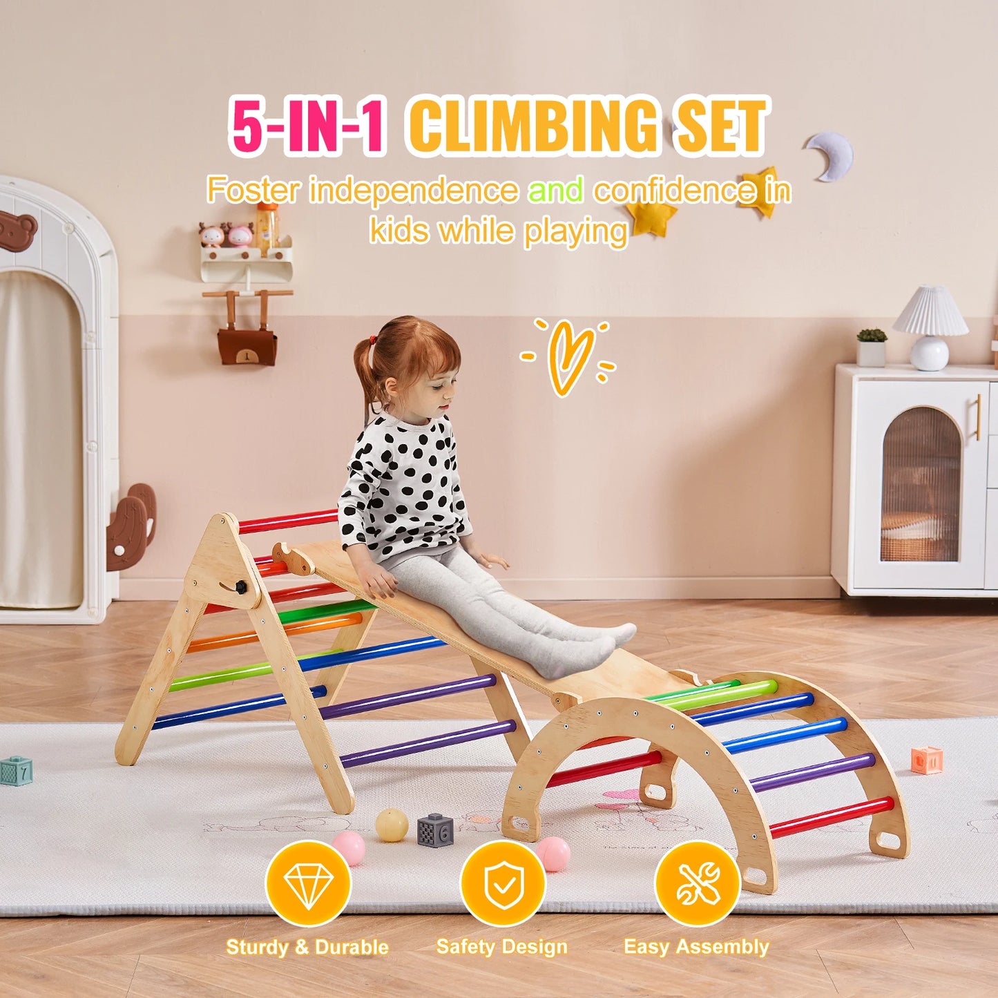 SucceBuy Pikler Triangle Set 5 in 1 Toddler Climbing Toys Indoor Playground for Ages 1 to 3 Large Wooden Climbing Set