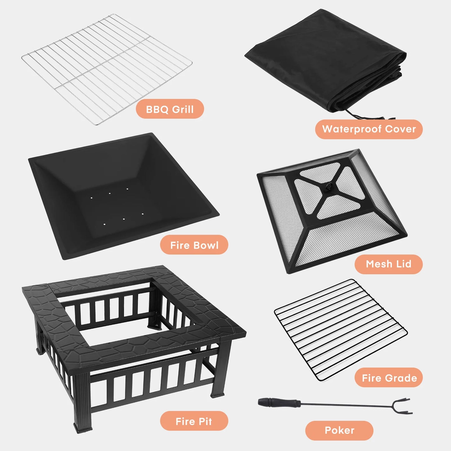 AOOU Steel 32 Inch Square Wood Burning Fire Pit Table Outdoor Patio Firepit Bonfire Party