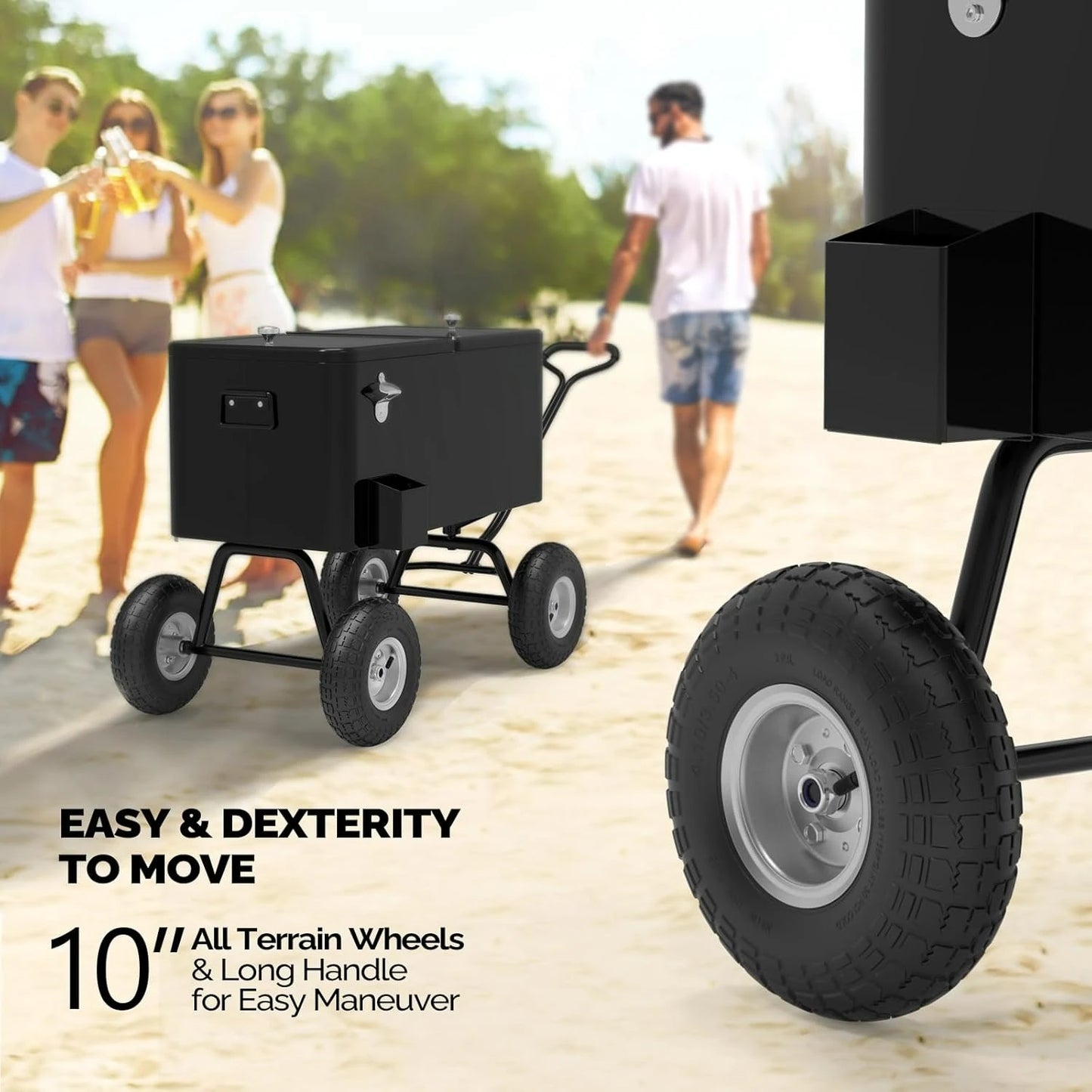 80 Quart Wagon Rolling Cooler Ice Chest with Long Handle and 10 Inch Wheels Portable Beach Patio Party Bar Cold Drink Beverage