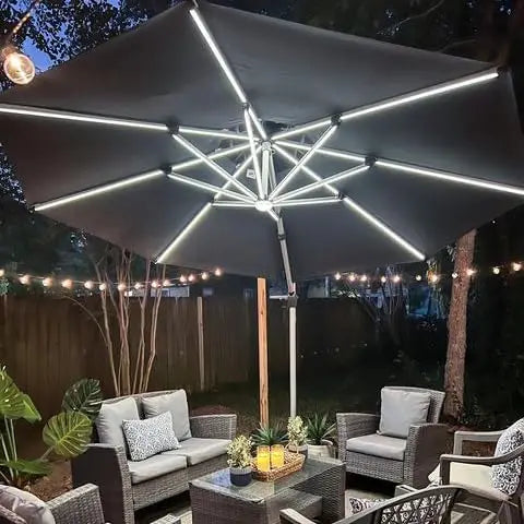 11Ft Solar Powered LED Cantilever Patio Umbrella Beige