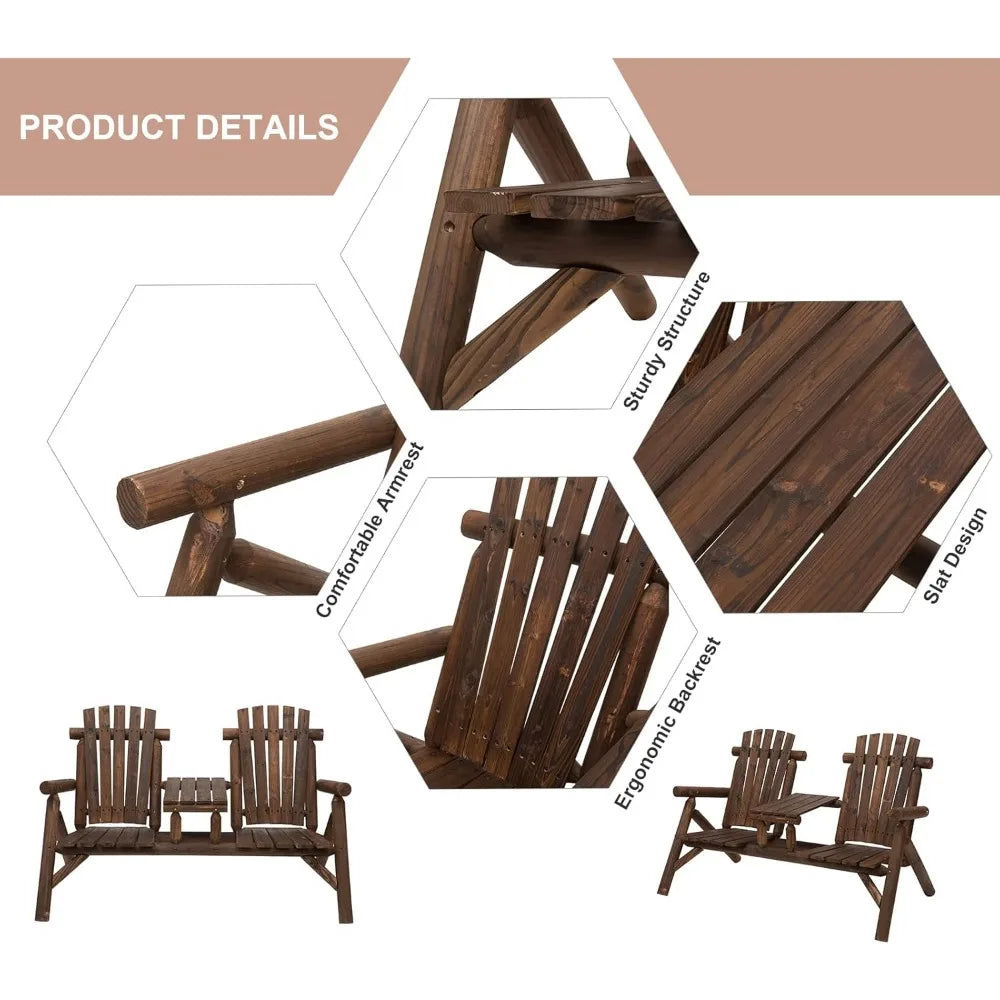 2-Seat Wooden Adirondack Chair Patio Bench with Table Outdoor Loveseat Fire Pit Chair for Porch Backyard Deck Carbonized Wood