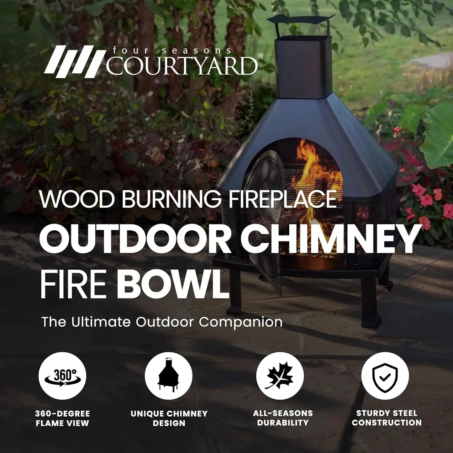 Wood Burning Fireplace Outdoor Steel Chimney Rectangular Fire Bowl for Backyard Patio Deck Bonfire Heating Black