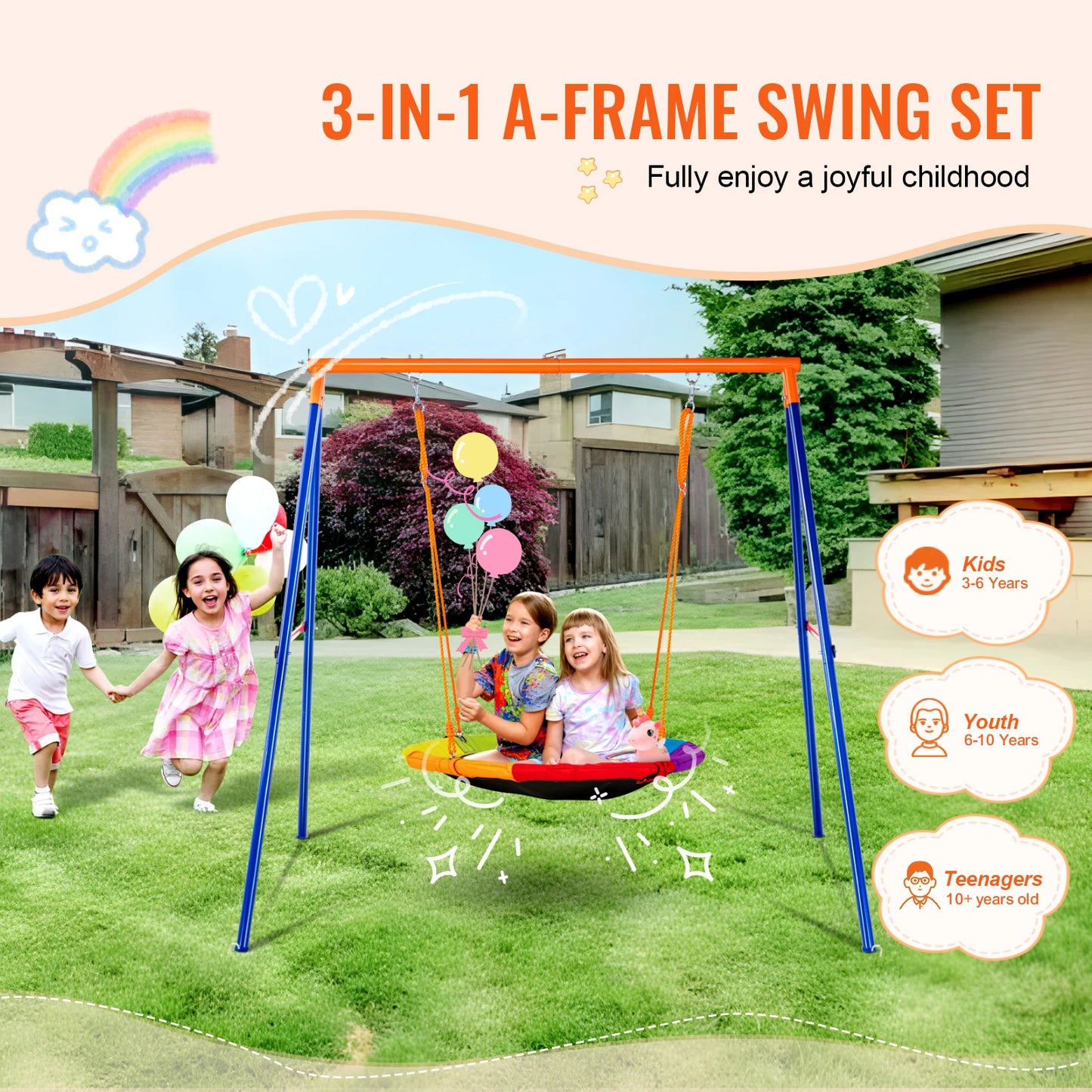 SucceBuy Swing Sets for Backyard 600 Pounds Capacity with 1 Saucer Swing Seat and 2 Belt Swing Seats for Kids Outdoor Play