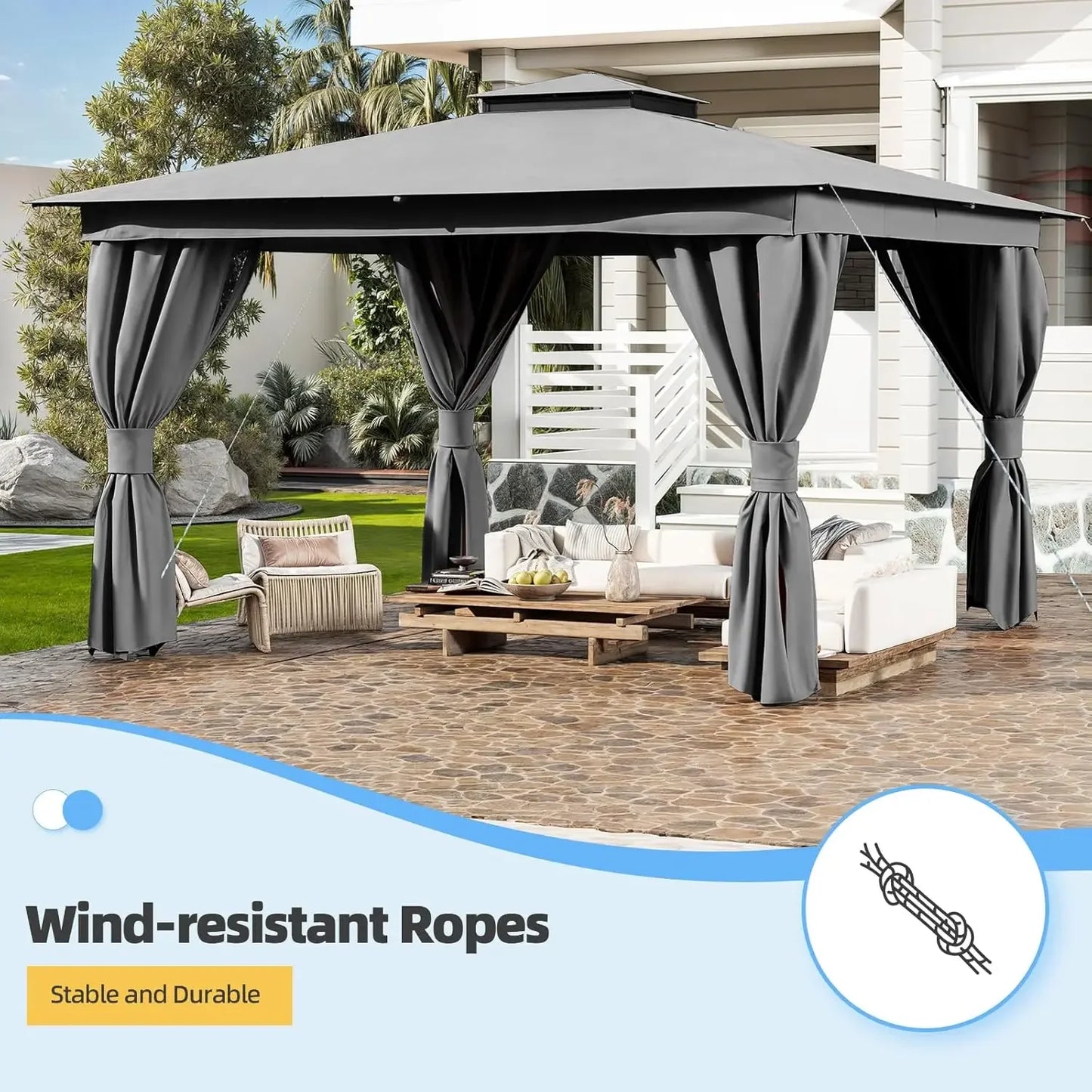 Outdoor 10x13 Grey Gazebo Metal Frame Double Roof Curtains